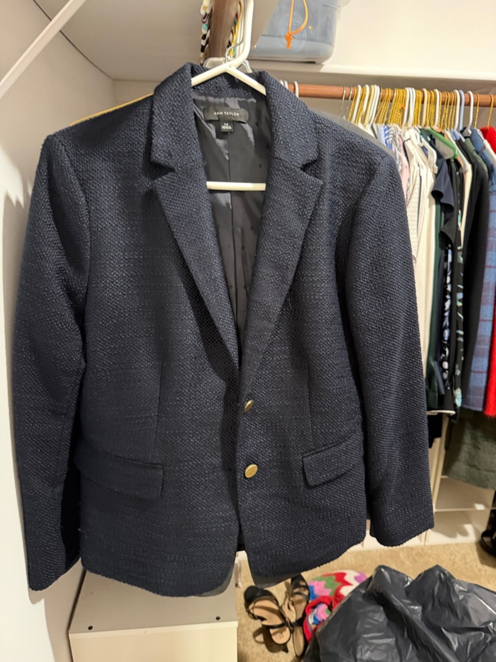 Ann Taylor Dark Navy Textured Knit Blazer with Gold Buttons